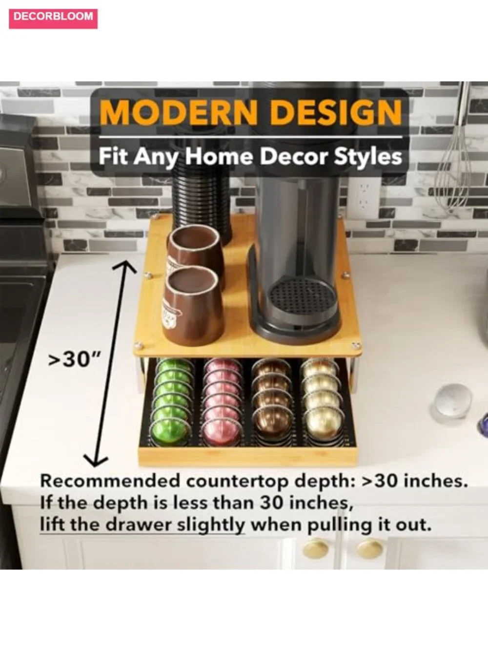 Bamboo Coffee Pod Holder Drawer Storage for Nespresso Vertuo Capsules, 40 Big